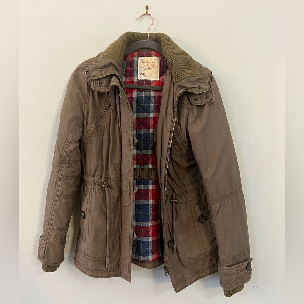 American Eagle Outfitters AEO Small Olive Green Military Jacket Zip Off Hood VTG - Picture 1 of 8
